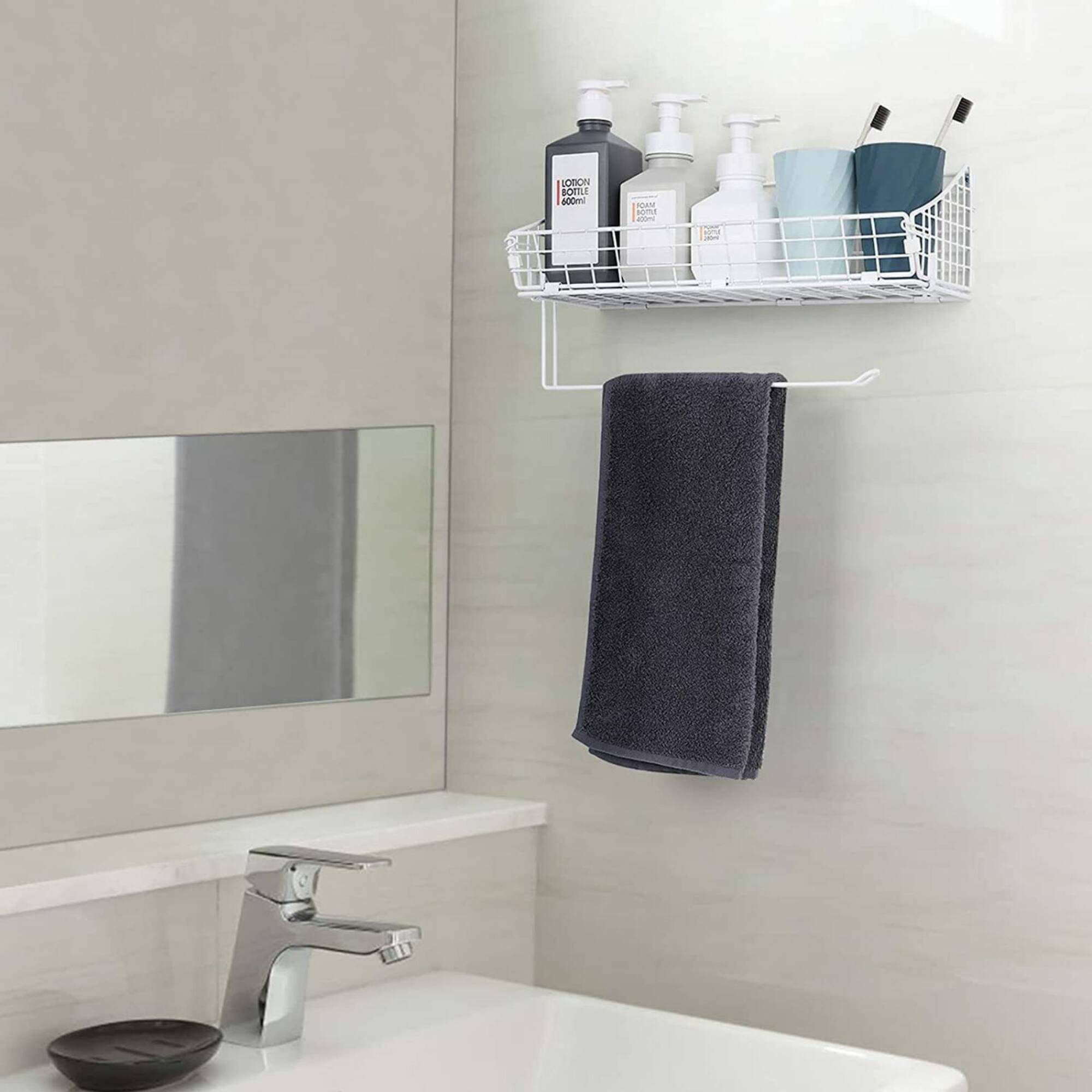 NEX™ 16" White Wall Mounted Wire Basket Shelf & Paper Roll Holder